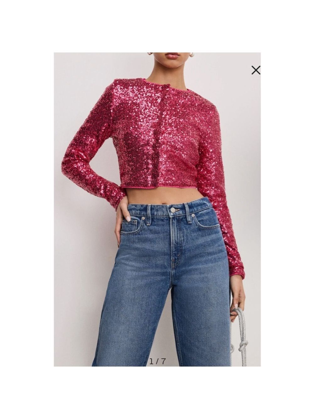 Women's GOOD AMERICAN Pink Sequin Long Sleeve Crop Top XL